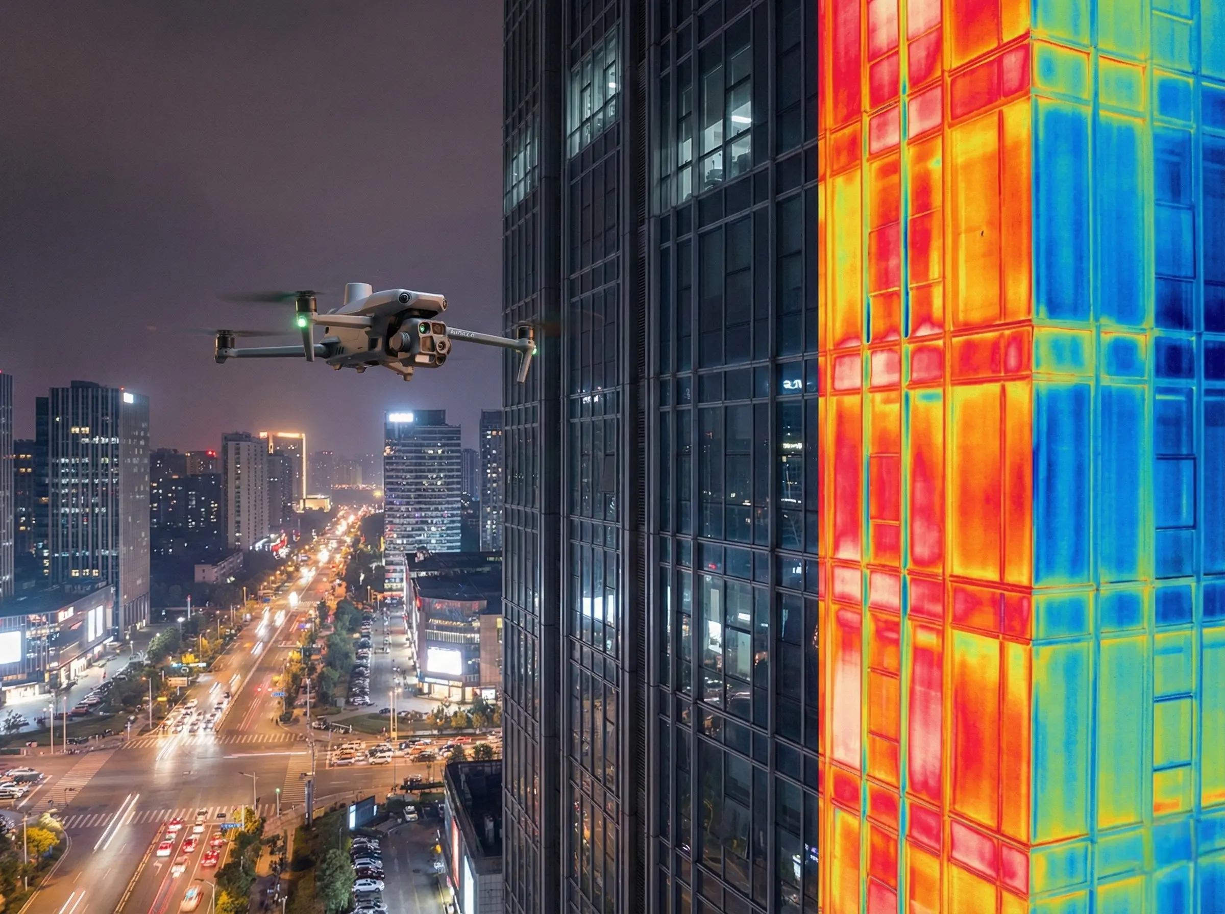 Inspeção predial tecnológica com drone e câmera térmica para detecção de patologias em fachadas conforme NBR 16747.